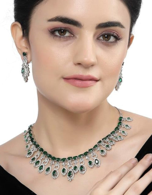Rhodium-Plated American Diamond Studded Oval & Teardrop Shaped Necklace With Earrings Jewellery Set For Girls and Women
